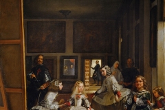 Las Meninas (the maids of honour).Velazquez (in a self- portrait),paints the Spanish royal couple, Philip IV and his wife Mariana (visible in the mirror in back). Their only child,Margarita,is surrounded by maids of honour and court dwarfs.1656,canvas,318 x 276,Inv.1174