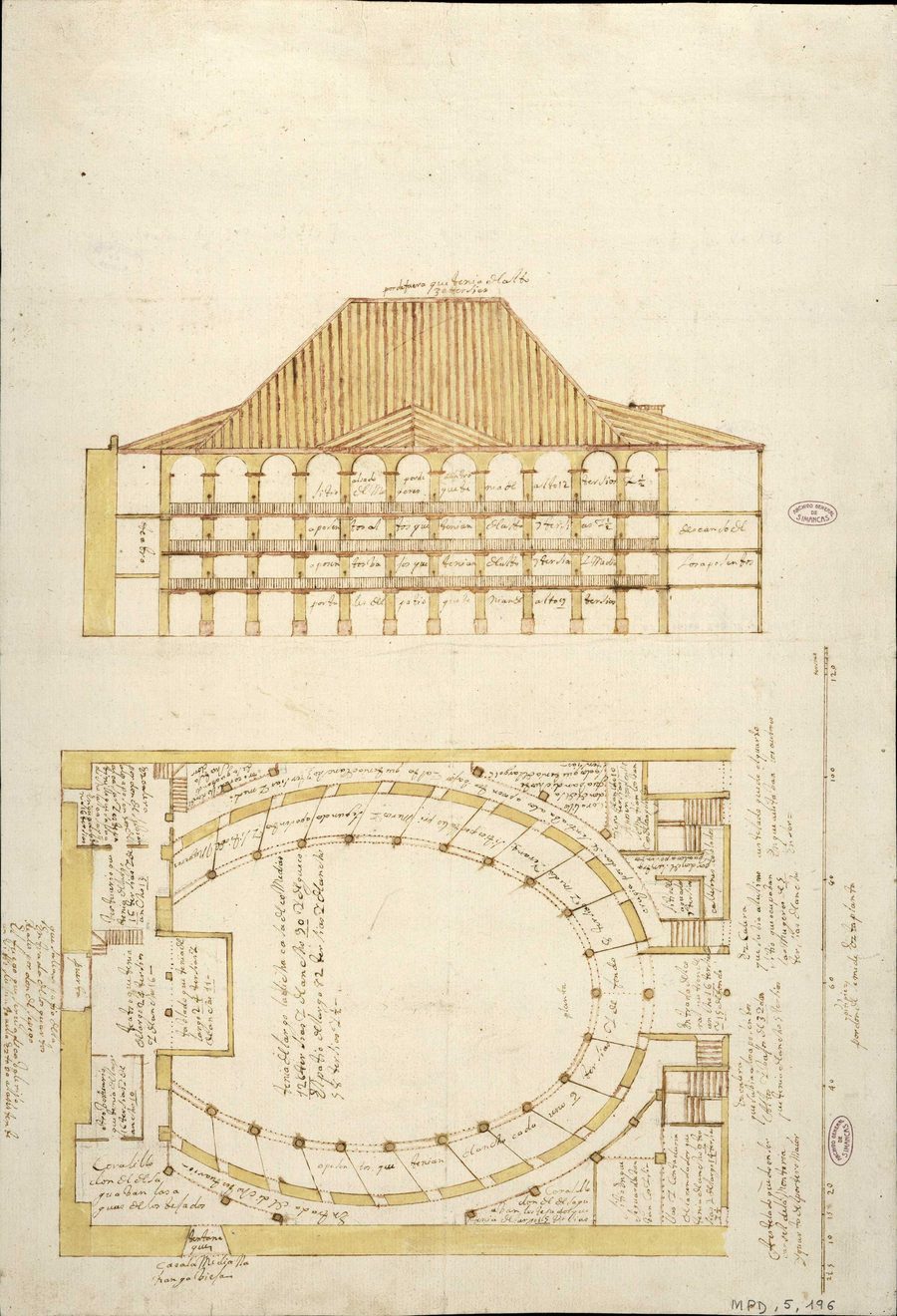 Elevation and ground plan of the corral de comedias de la Montería, Seville, 1691