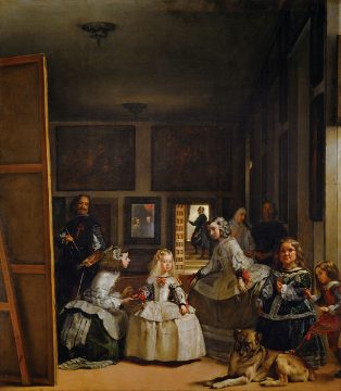 Las Meninas (the maids of honor).Velazquez (in a self portrait),paints the Spanish royal couple, Philip IV and his wife Mariana (visible in the mirror in back). Their only child,Margarita,is surrounded by maids of honor and court dwarfs.1656,canvas,318 x 276,Inv.1174